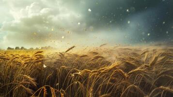 ai generado lluvia terminado maíz campo. dramático cielo terminado maíz campo. lluvioso clima. foto