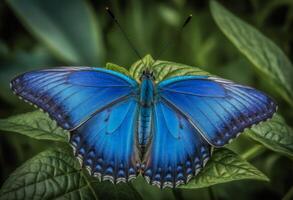 ai generado azul mariposa en un verde hoja foto