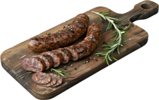 ai generiert gegrillt Würstchen mit Kräuter auf hölzern Tafel png