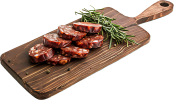 ai generato grigliato salsiccia con erbe aromatiche su di legno tavola png