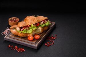 Delicious fresh crispy croissant with chicken or beef meat, lettuce, tomatoes, spices and sauce photo