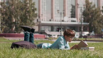 en línea educación, espalda a escuela, contento colegial, aprender lecciones colegial lee un libro de texto acostado en el césped cerca el colegio en el verano video