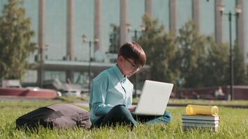 in linea formazione scolastica, indietro per scuola, contento scolaro, imparare Lezioni. scolaro insegna Lezioni utilizzando il computer portatile mentre seduta su erba vicino scuola video