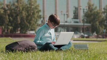 en línea educación, espalda a escuela, contento colegial, aprender lecciones colegial haciendo deberes utilizando ordenador portátil mientras sentado en el césped cerca colegio y mirando a el cámara video