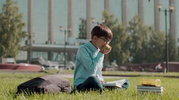 en línea educación, espalda a escuela, contento colegial, aprender lecciones colegial leyendo un libro mientras sentado en el césped cerca el colegio y comiendo un manzana video