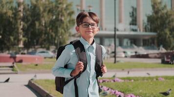 conectados Educação, costas para escola, feliz colegial, aprender aulas. estudante com uma mochila retorna para escola video