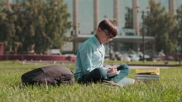 en ligne éducation, retour à école, content écolier, apprendre cours. attrayant écolier Faire devoirs en utilisant carnet et Fontaine stylo tandis que séance sur herbe près école video