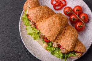 delicioso Fresco crujiente cuerno con pollo o carne de vaca carne, lechuga, Tomates, especias y salsa foto