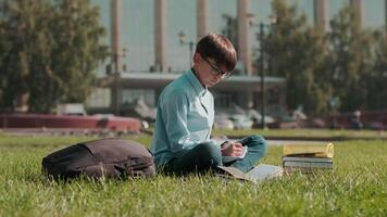 Online education, Back to school, Happy schoolboy, Learn lessons. Schoolboy doing homework using notebook and fountain pen while sitting on the grass near school video