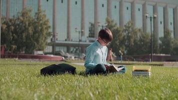 Online education, Back to school, Happy schoolboy, Learn lessons. Schoolboy reads a book while sitting on the grass near the school. Move the camera to the right video