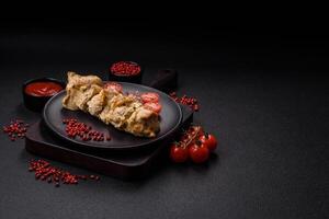 Delicious fresh chicken meat kebab with salt, spices and herbs photo