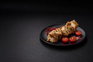 Delicious fresh chicken meat kebab with salt, spices and herbs photo