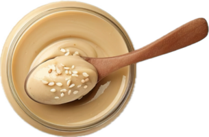 ai gegenereerd Tahini saus met sesam zaden in houten lepel PNG