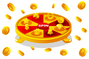 Wheel of fortune with icons for the casino. Background with explosion coins. png