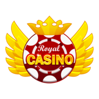 Casino icon with golden wings, crown, and poker chip. png