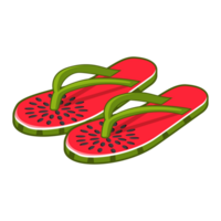 Summer beach flip-flops. Cartoon isolated slippers with watermelon, top view of sandals for female foot. png