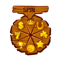 Spin game user interface design element. Wooden lucky wheel or casino fortune roulette decorated with golden icons png