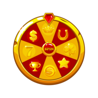 Golden and red fortune wheel spin machine with set icons. Casino banner design element for UI. png