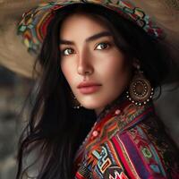 AI generated Peruvian woman in traditional costume. Ethnic diversity photo