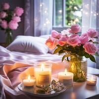 AI generated burning candles with flowers in vase in bedroom photo