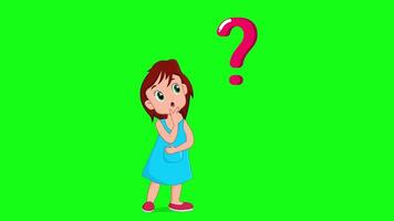 Cartoon girl thinking with question mark, expressions, puzzled, solving problem, thinks, idea, green screen 2d animation video