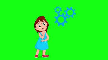 Cartoon girl thinking with settings icon, expressions, puzzled, solving problem, thinks, idea, green screen 2d animation video