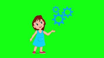 Cartoon schoolgirl doing something, busy girl, give idea in green screen background video