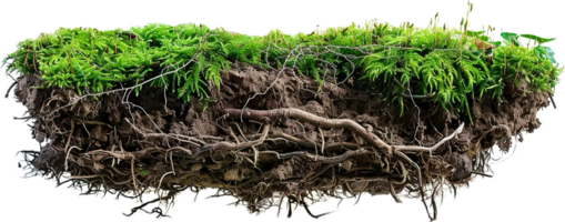 ai generiert Kreuzung von Boden Schichten mit Wurzeln und Gras png