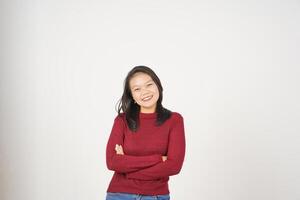 Young Asian woman in Red t-shirt crossed arms and smiling at camera isolated on white background photo