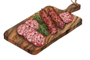ai gegenereerd gesneden salami met kruiden Aan houten bord PNG