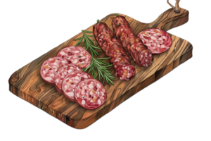 ai generado rebanado salami con hierbas en de madera tablero png