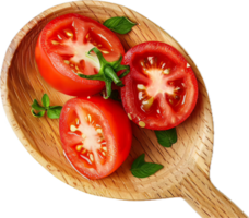 ai generado Fresco tomate salsa en de madera cuchara con albahaca png