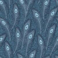 Seamless blue denim pattern with scattered peacock feathers. Outline feathers on blue jeans textured fabric. Random monochrome composition. vector