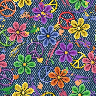 Pattern with peace sign, chamomile flowers, brush strokes, smudge paint, paint splatter on blue jeans texture. Groovy, hippie, naive style for apparel, fabric, textile design
