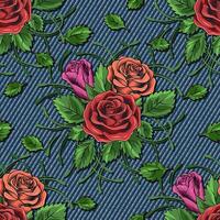 mezclilla floral sin costura modelo con ramo de flores de rosas. lozano floreciente rojo, naranja flores con zarcillo, dispersado hojas en azul pantalones textura. para huellas dactilares, ropa, vestir, superficie diseño Clásico estilo vector