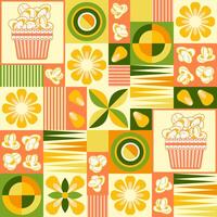 Seamless pattern with icons of popcorn, popcorn container, corn grains, abstract geometric shapes on square grid background. For branding, decoration of food package, decorative print vector