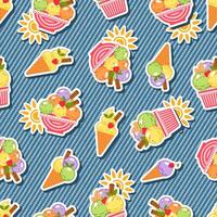 Funny seamless denim pattern with stickers with ice cream, sun icon. Detailed texture of blue jeans fabric on background. Summer design. vector