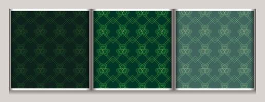 Geometric simple St Patricks day patterns with clover, shamrock leaves, squares, rhombuses. Dark, low contrast, green backgrounds with thin lines, outline shapes. Classic square diagonal grid. vector