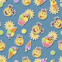 Funny seamless denim pattern with stickers with ice cream, emoji kids, sun icon. Detailed texture of blue jeans fabric on background. Summer design. vector