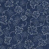 Seamless pattern with abstract white outline flowers with tendrils on denim grunge seamless texture. Doodle style. vector