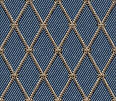 Seamless grid pattern with nautical rope and lacing on blue denim texture. Classic rhombus grid. Vintage style. Not AI vector
