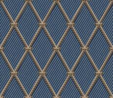 Seamless grid pattern with nautical rope and lacing on blue denim texture. Classic rhombus grid. Vintage style. Not AI vector