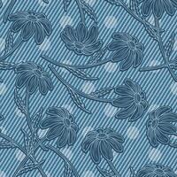 Summer monochrome denim pattern with chamomile, polka dot ornament behind. Blooming flowers with stem on blue jeans texture. Groovy, hippie, naive style for apparel, fabric, textile, design vector