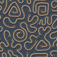 Seamless denim pattern with creatively wavy bent rope, lacing on blue jeans texture. Vintage style. vector