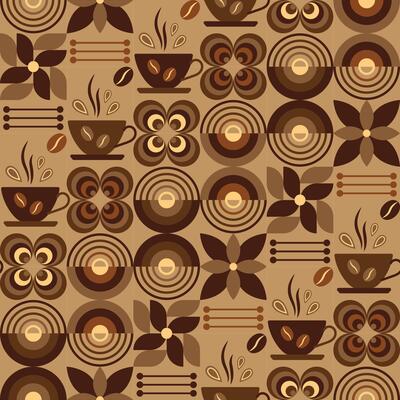 Coffee theme seamless pattern in simple geometric style with abstract shapes. Dark roast level coffee. Good for branding, decoration of food package, cover design, decorative print, background