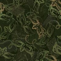 Seamless khaki green camouflage pattern with random scattered carnival masks, overlapping tulle pieces. Random composition. For apparel, fabric, textile, sport goods Grunge texture vector