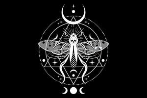 Mystical death head moth in dark black color. Cresent moon and wiccan triple goddess, butterfly with a skull. Sacred geometry. Alchemy, magic, esoteric, occult sign isolated on black background vector