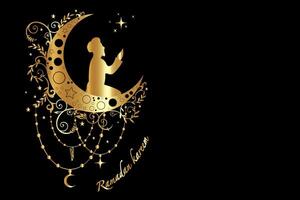 Gold Silhouette of a Muslim praying on Cescent moon, Ramadan concept in boho style. Luxury Islamic symbol can be used for the month of Ramadan for logo, website and poster designs. vector