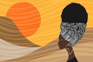 retrato africano mujer con tradicional cabeza turbante para afro Rizado cabello. África lujo oro pendientes. típico Pañuelo. vector belleza étnico Moda diseño en africano paisaje puesta de sol antecedentes