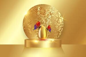 Easter gold podium and realistic golden egg with luxury colorful butterflies, Happy Easter day platform for product display. stand to show products. Stage podium, pedestal display luxury background vector